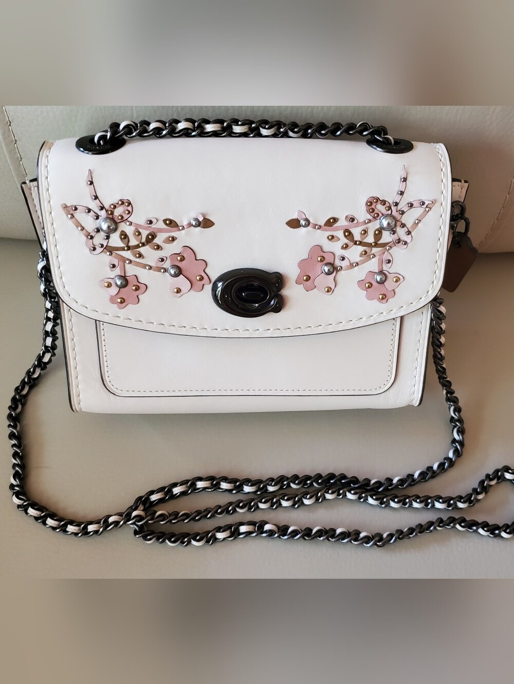 Coach White Crossbody Bag with Pink Floral Studs